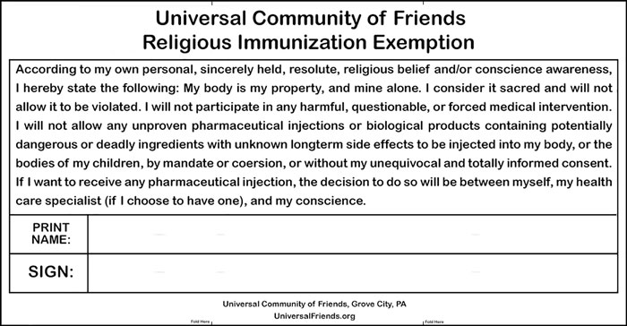 Religious Exemption from Forced or Mandated Pharmaceutical Injections